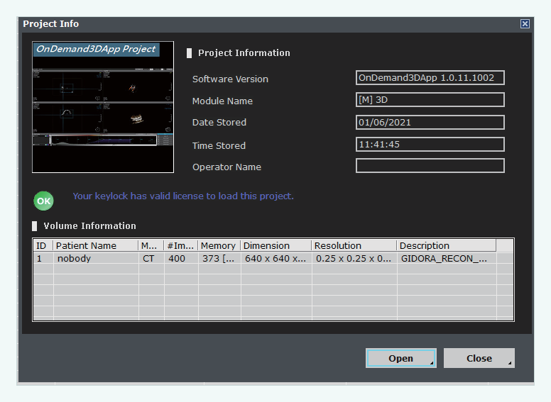 box-shadow OnDemand3D – prozor Project Info i dugme Open